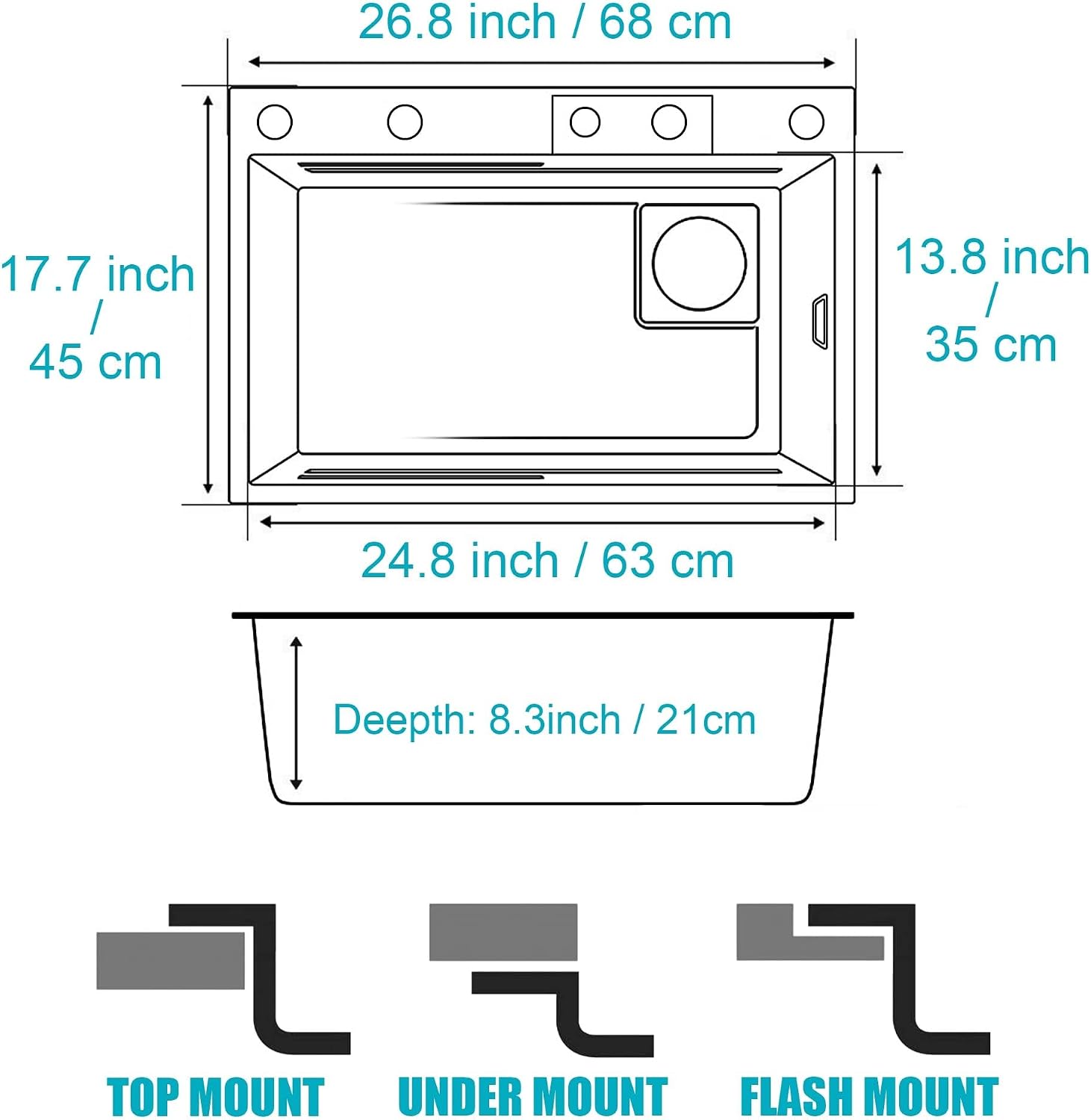 JATIBOSH Kitchen Sink,Flying Rain Waterfall Stainless Steel Sink, Drop in Workstation Single Bowl Sink, with Pressurized Cup Washer (Color : BK, Size : 68x45CM)