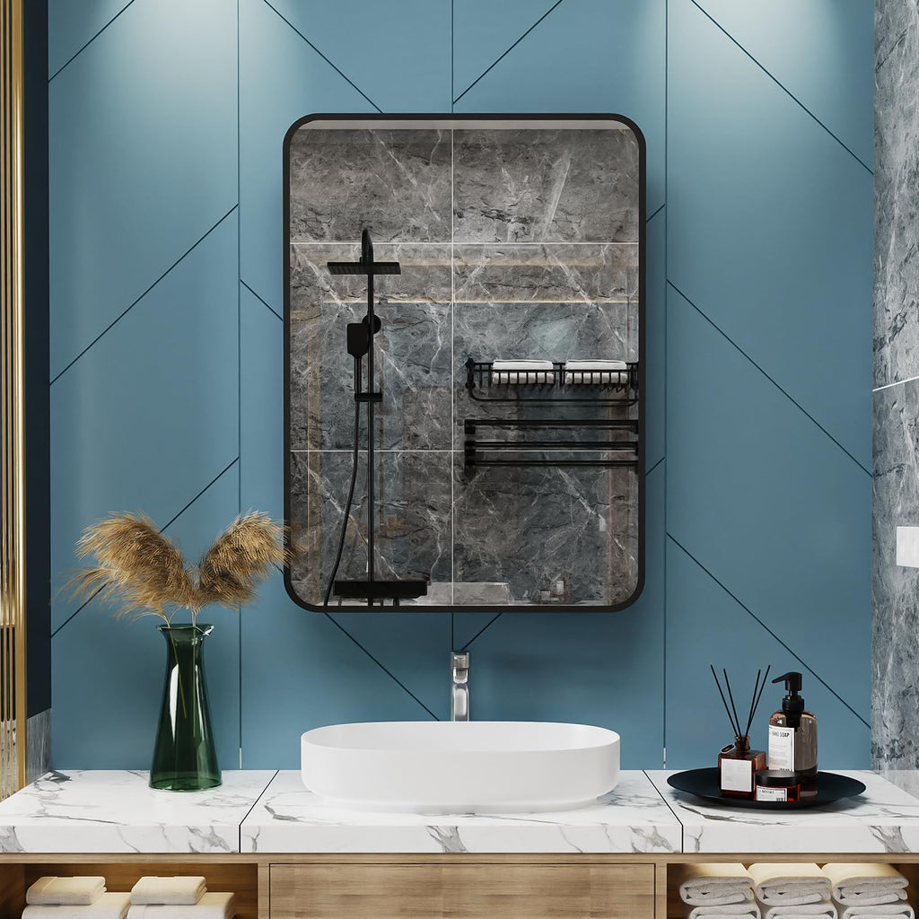 ACEMIRO 20x28 Inch Black Recessed Bathroom Medicine Cabinet with Mirror Metal Framed Farmhouse Surface Wall Mounted Mirrored Bathroom Medicine Cabinets