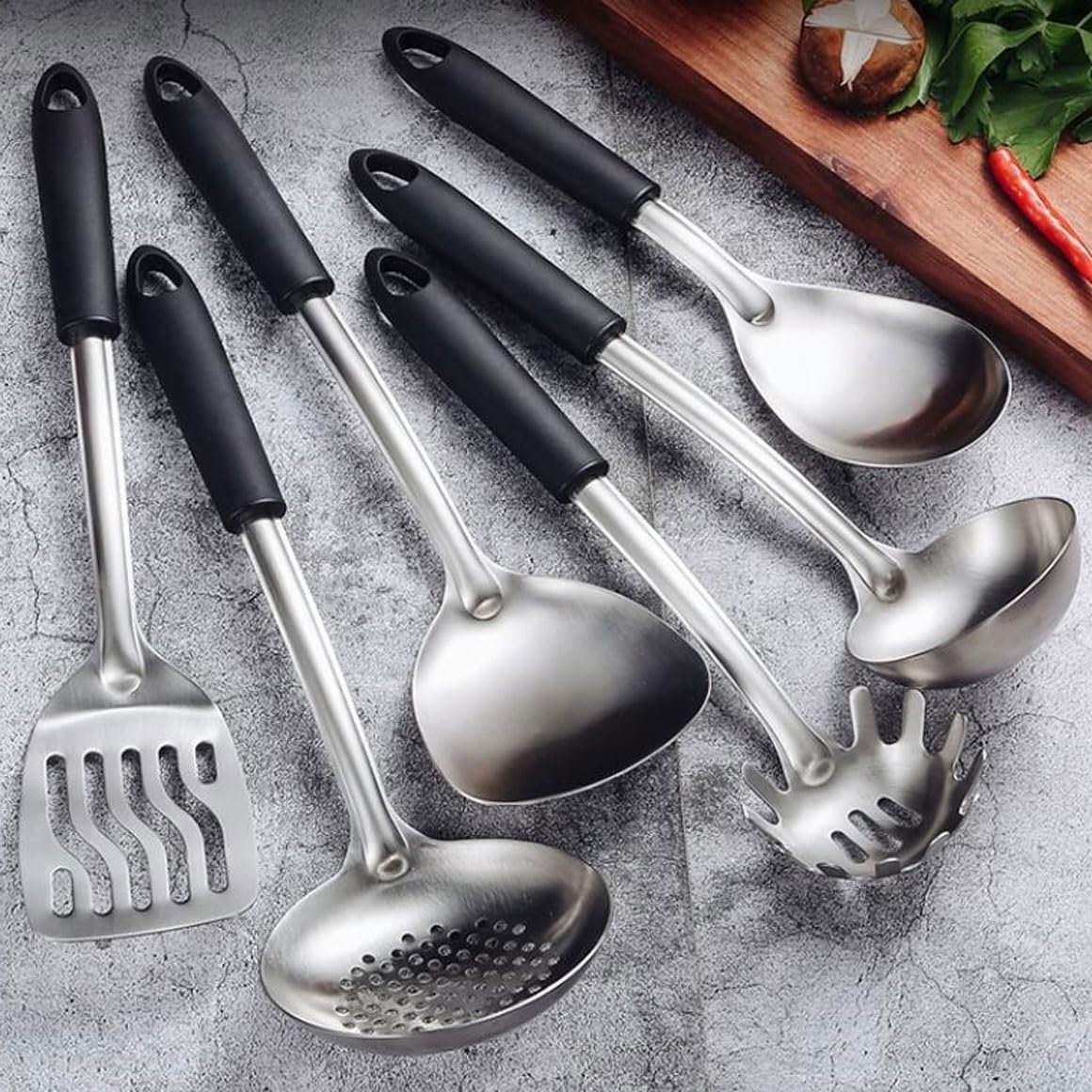 Kitchen Tools Spoons for Cooking Spatulas Cooking Utensils Sets Stainless Steel Spatulas Spoons Cookware Dining 6 Pieces (Black)