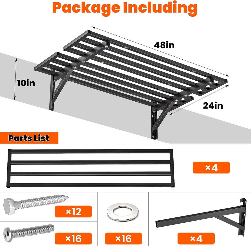 Ultrawall Heavy Duty Garage Wall Shelves, 2 x 4 ft Wall Mounted Storage Shelves, Holds Up to 800Lbs, 2Pack, Black