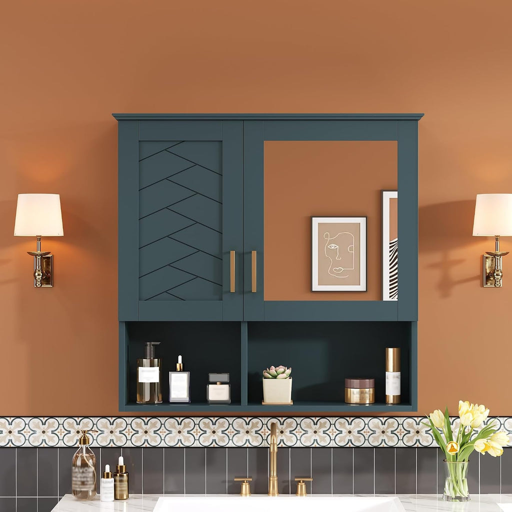 Merax 2-in-1 Bathroom Mirror Cabinet, 30 inch Wall Mounted Medicine Cabinet with Adjustable Shelves & Soft Close Doors, High-Define Mirror with Storage for Bathroom Vanity, Blue