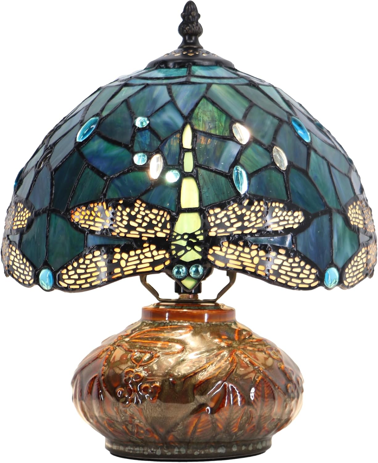 Small Tiffany Table Lamp, 10X10X11 Inch Mini Stained Glass Mushroom Desk Light Memory Sympathy Ceramic lamp (Sea Blue Dragonfly Style)
