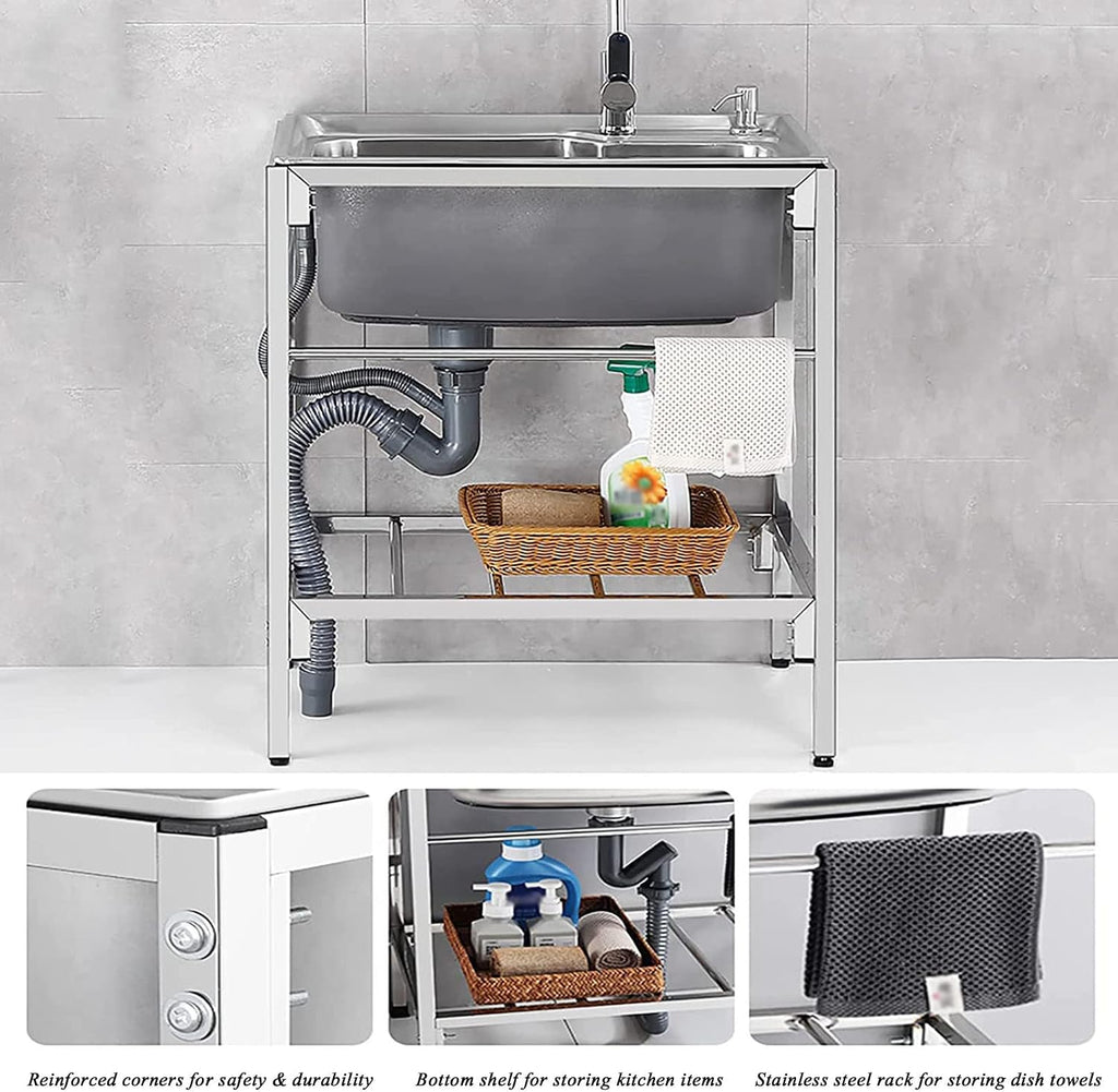 1 Compartment 304 Stainless Steel Commercial Kitchen Prep Utility Sink Single Free Standing Bowl Sink Extra-Deep Laundry Tub for Garage, Restaurant, Laundry Room, Indoor Outdoor