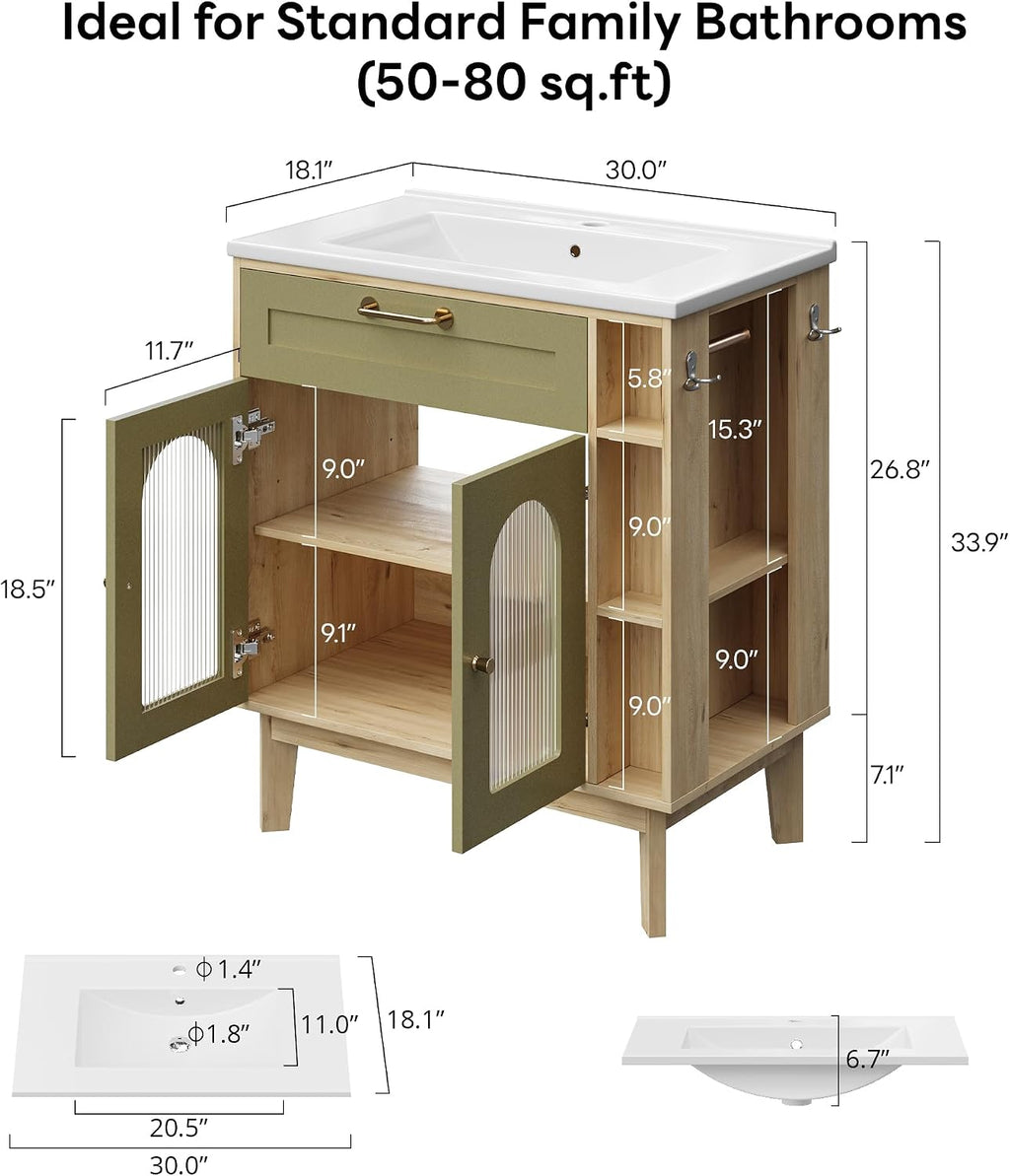LIKIMIO 30 inch Bathroom Vanity with Sink, Bathroom Vanities Cabinet with Ceramic Sink, Arched Glass Door Storage with Adjustable Shelf, Solid Wood Legs, Towel Bar & Toilet Paper Holder
