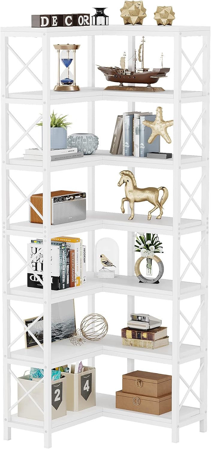 Tribesigns 7-Shelf Corner Bookshelf,Large Modern Corner Bookcase, 7-Tier Tall Corner Shelf Storage Display Rack with Metal Frame for Living Room Home Office (White)