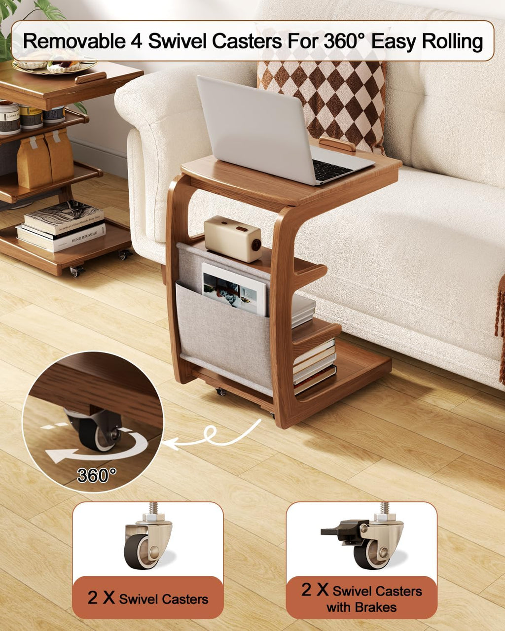 AQIMUELE Rolling Side Table, C Shaped End Table, C Table with 4 Wheels Solid Wood Small Rolling Desk with Adjustable Desktop,C Shaped End Table for Couch(15.6' D x 15.7' W x 24.3' H