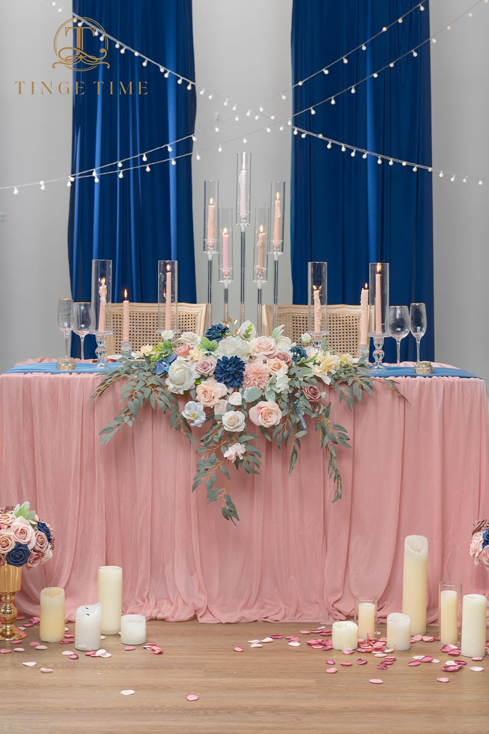 TINGE TIME Artificial Sweetheart Flower Swag with Tablecloth and Table Runner, Pack of 3 Floral Arrangement for Wedding Sweetheart Table Centerpiece Decoration (Dusty Rose & Navy Blue)