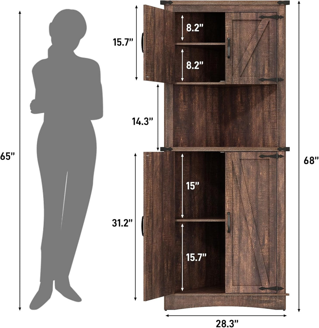 Hlivelood 68' Tall Farmhouse Corner Cabinet, 5-Tier Large Storage Cabinet with 4 Barn Doors & Adjustable Shelves, Bathroom Cabinets with Storage for Living Room, Kitchen, Bathroom, Brown