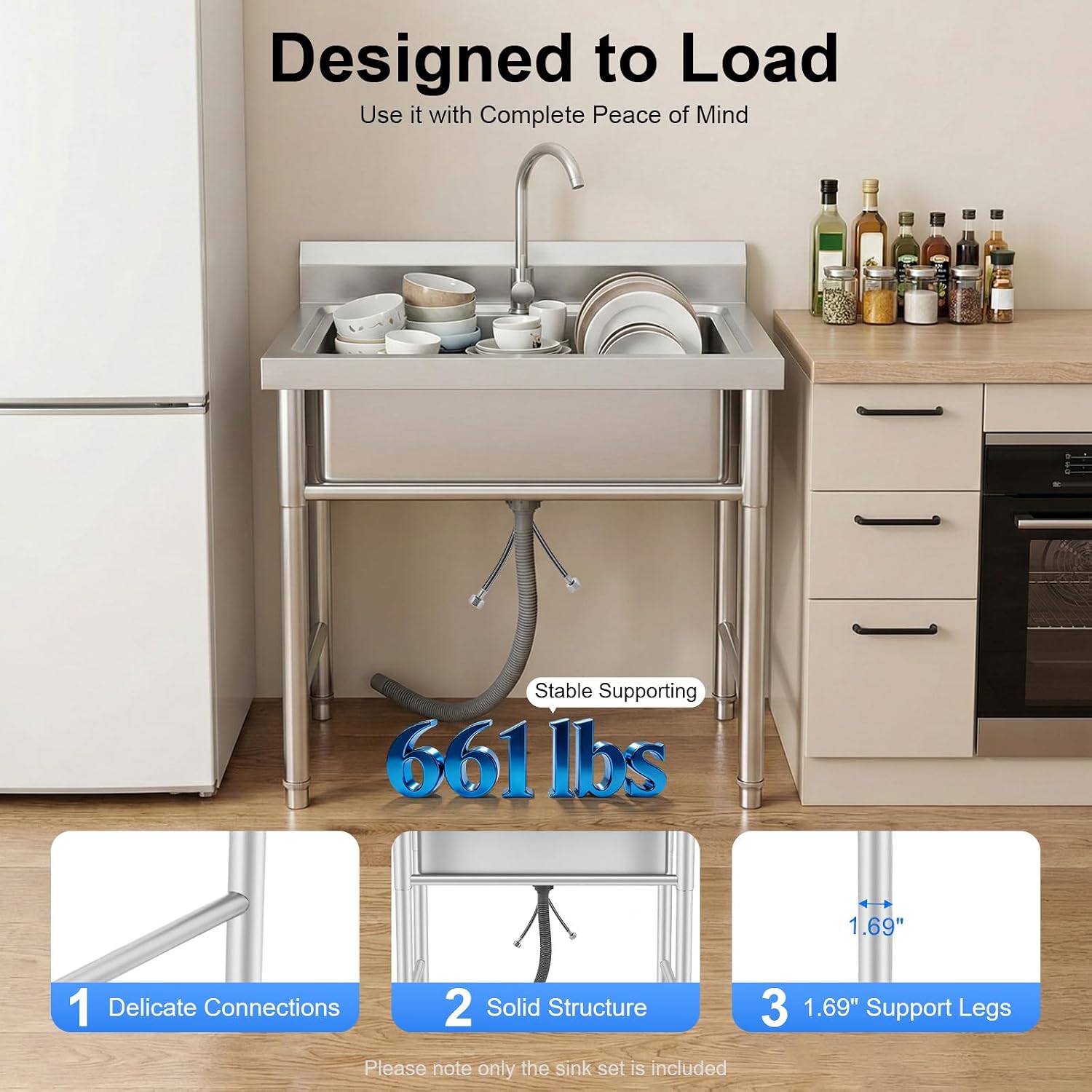 Stainless Steel Sink Single Bowl Commercial Utility Sink Free Standing Kitchen Sinks with Cold and Hot Water Faucets for Kitchens, Garage, Laundry Room (31.5' W x 23.6' D x 36.6' H)
