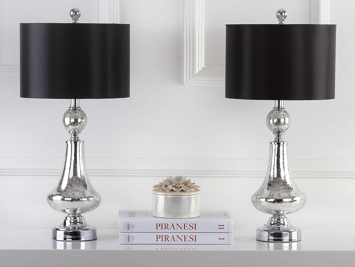 SAFAVIEH Lighting Collection Mercury Crackle Glass/ Black Shade 26-inch Bedroom Living Room Home Office Desk Nightstand Table Lamp Set of 2 (LED Bulbs Included)