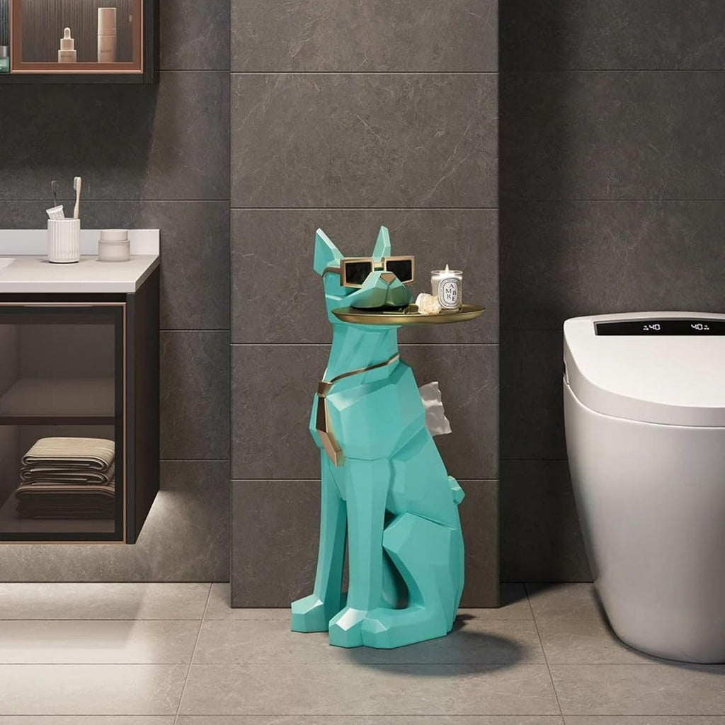 homary Modern Resin Dog Sculpture Geometric Standing Statue Cute Side Table Tray End Table with Tissue Storage (Green)