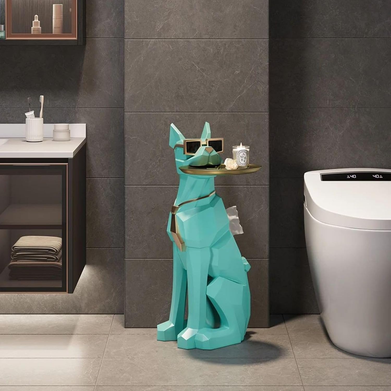 homary Modern Resin Dog Sculpture Geometric Standing Statue Cute Side Table Tray End Table with Tissue Storage (Green)