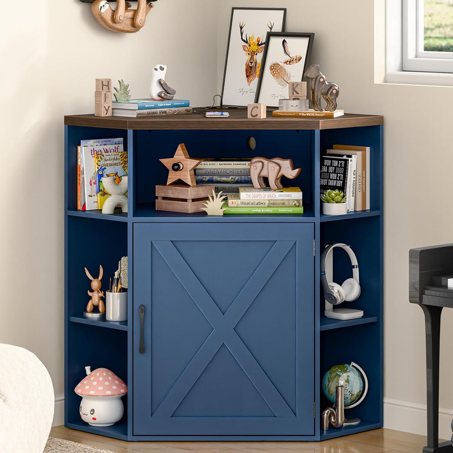Halitaa Corner Storage Cabinet, Farmhouse Corner Bookshelf with Storage 6-Cubby Wooden Cabinet with USB Ports and Outlets Industrial Organizer for Small Space, Study, Playroom, Blue and Brown