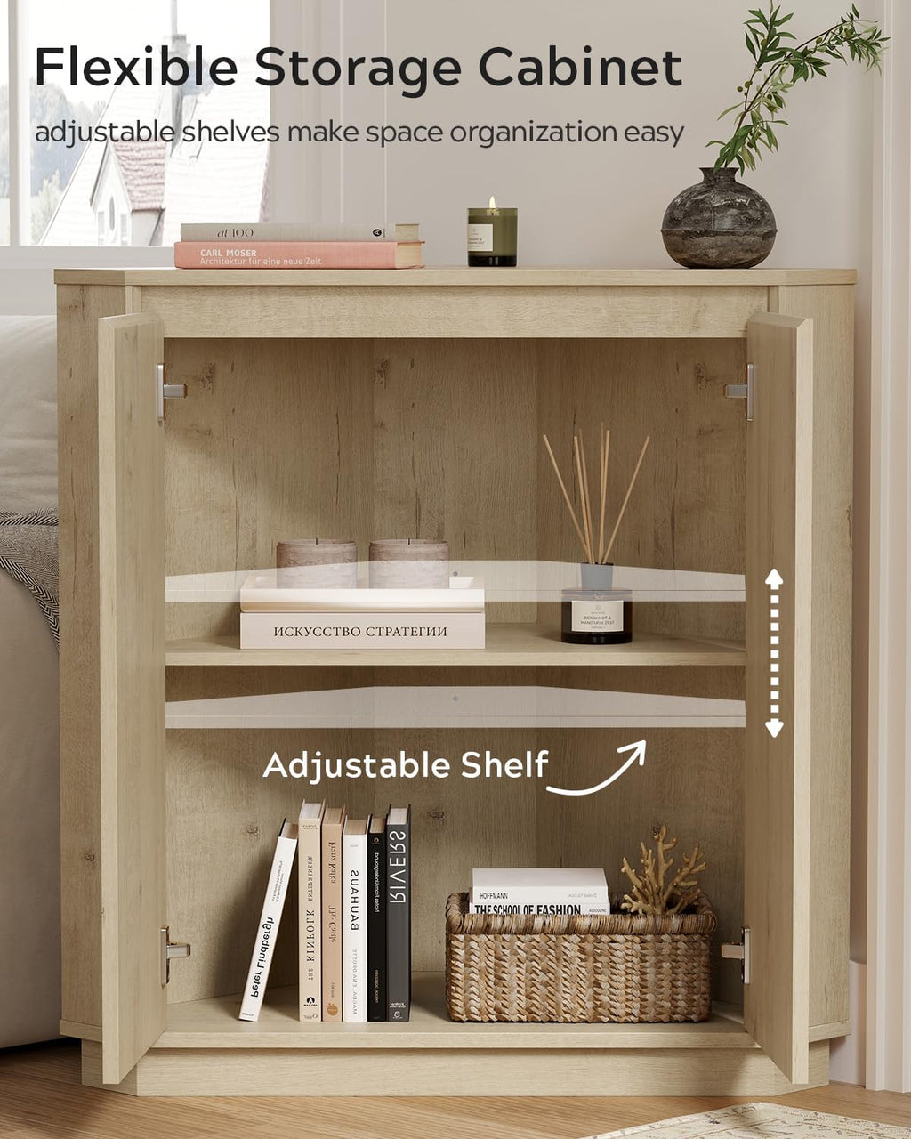 EYYTHUNG Corner Cabinet, Modern Handless Corner Floor Cabinet with 2 Doors and 2-Tier Shelves, Freestanding Narrow Organizer for Living Room Kitchen Bathroom, Light Oak