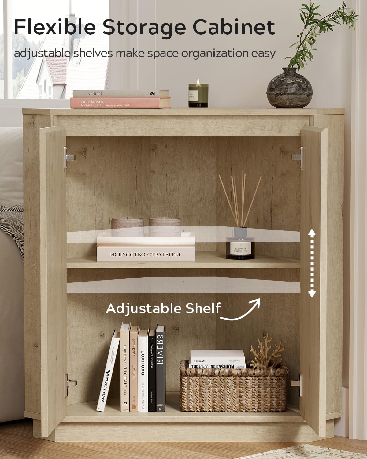 EYYTHUNG Corner Cabinet, Modern Handless Corner Floor Cabinet with 2 Doors and 2-Tier Shelves, Freestanding Narrow Organizer for Living Room Kitchen Bathroom, Light Oak