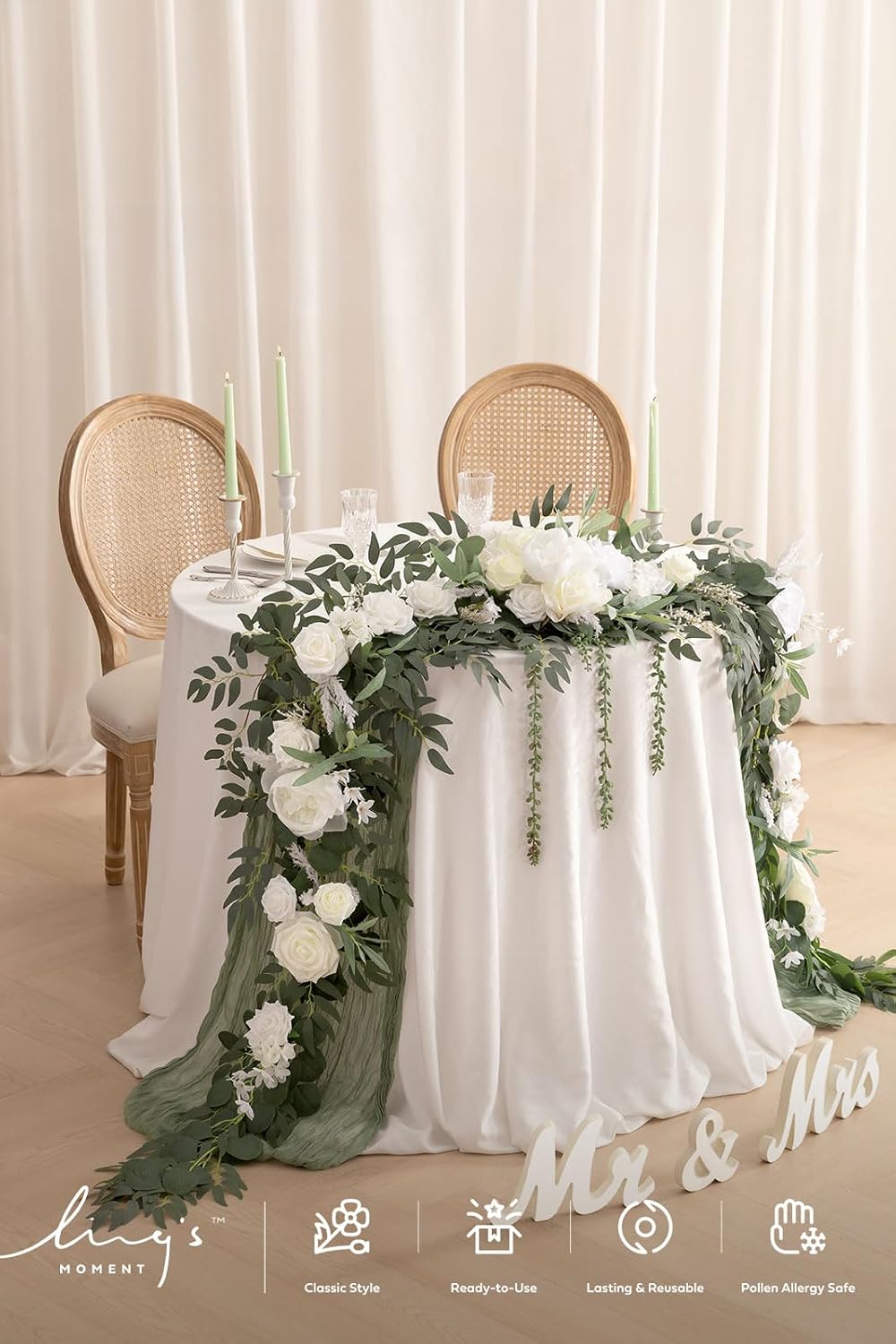 Ling's moment 9FT Spring Flower Garland for Backdrop Decorations - Wedding Arch Flowers, Eucalyptus & Rose, Artificial Floral Garland for Mantel - Sweetheart Table Decor for Reception, White & Sage
