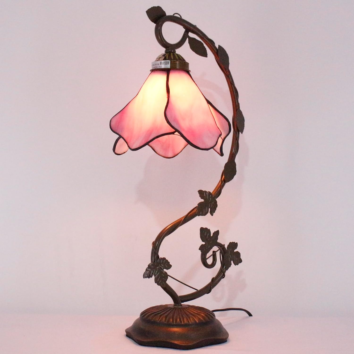 WERFACTORY Tiffany Lamp Pink Stained Glass Table Lamp, Metal Leaf Table Desk Reading Light 8X10X21 Inches Decor Small Space Bedroom Home Office S701 Series