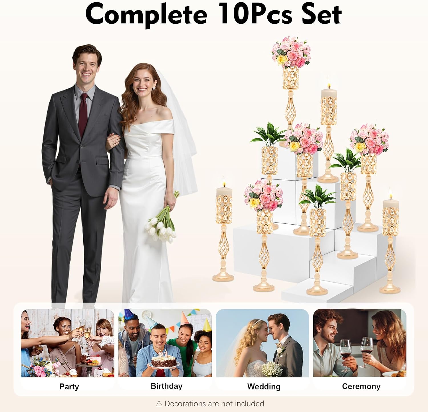 10PCS Wedding Flower Centerpieces for Tables, 61cm/24 Tall Crystal Wedding Decor Flower Stand Floral Display Rack Gold Vases for Tables Wedding Dinner Party, Ceremony Birthday Event Decor (Gold)