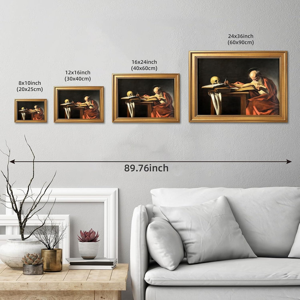 Saint Jerome Writing (1610) Caravaggio (Italian 1571 1610) Classical Religious Wall Art Poster Traditional Christian Posters Renaissance Inspired Decor Canvas Print Living Room 24X36inchGolden frame
