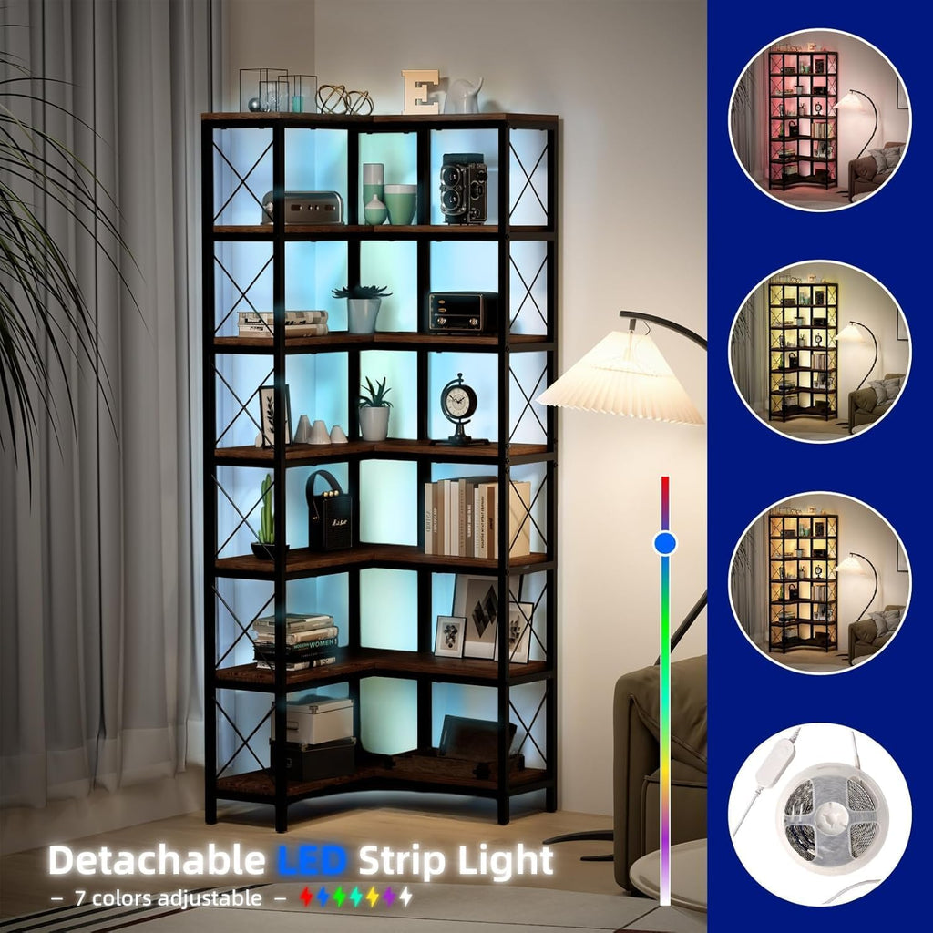 7 Tier Corner Bookshelf with LED Lights, 78.7' High Corner Shelf Storage for Living Room, Study Room, Metal Frame Extra Large Capacity, Flamed Color