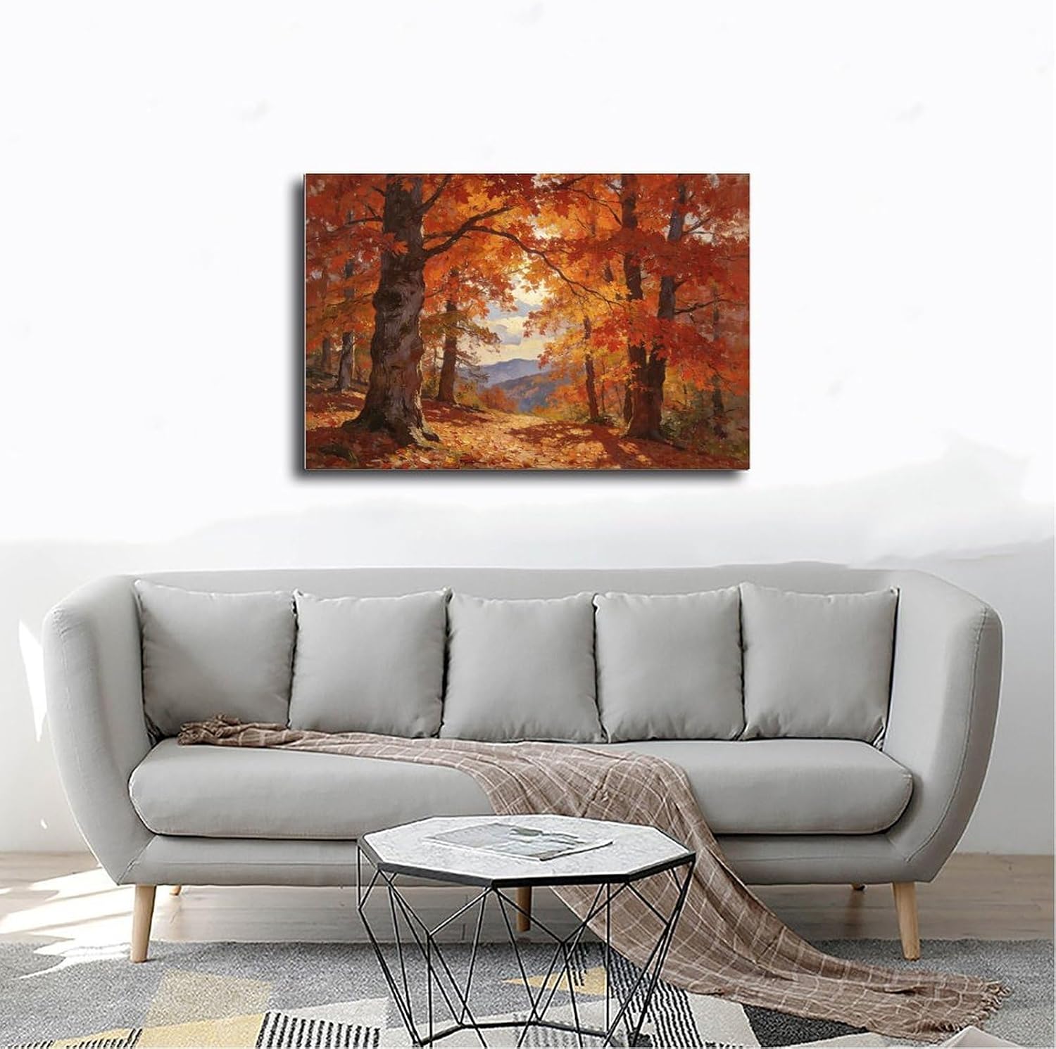 Autumn Forest Wall Art Print, Vibrant Red Maple Tree Landscape Painting, Fall Foliage Poster for Living Room Bedroom Decor 24x36inch(60x90cm)