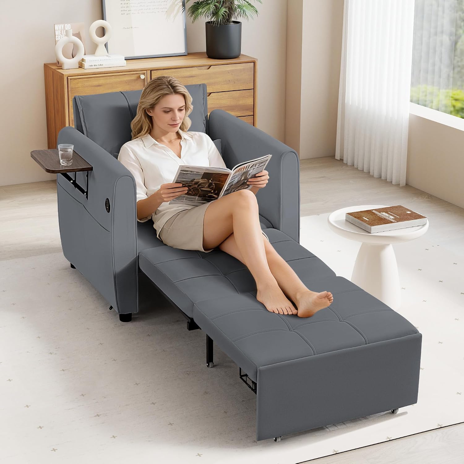 Suvivityse 90' Convertible Sleeper Chair Bed, 4 in 1 Pull Out Single Sofa Bed, Adjustable Backrest Recliner with USB Port, Storage Basket, Folding Side Table, for Living Room Apartment Small Place