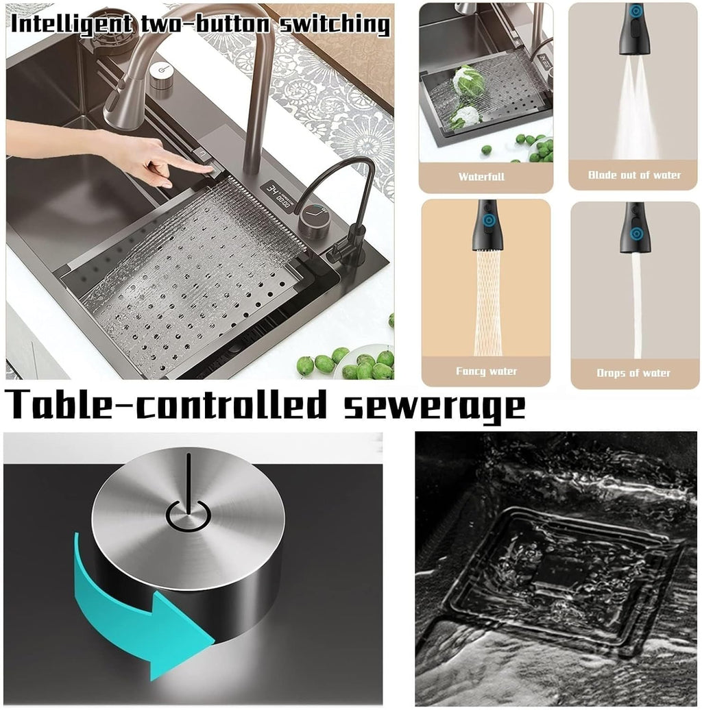 JATIBOSH Waterfall Kitchen Sink, Nano Stainless Steel Single Bowl Sink, Pull-Out Faucet, Black Farmhouse Workstation Drop in Sink