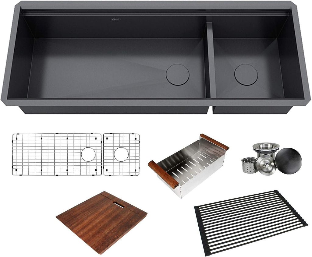 KINGSMAN ALL-IN-ONE Workstation 48 in. 16-Gauge Undermount Double Bowl Stainless Steel Kitchen Sink w/Build-in Ledge and Accessories (Galaxy Pearl Black)