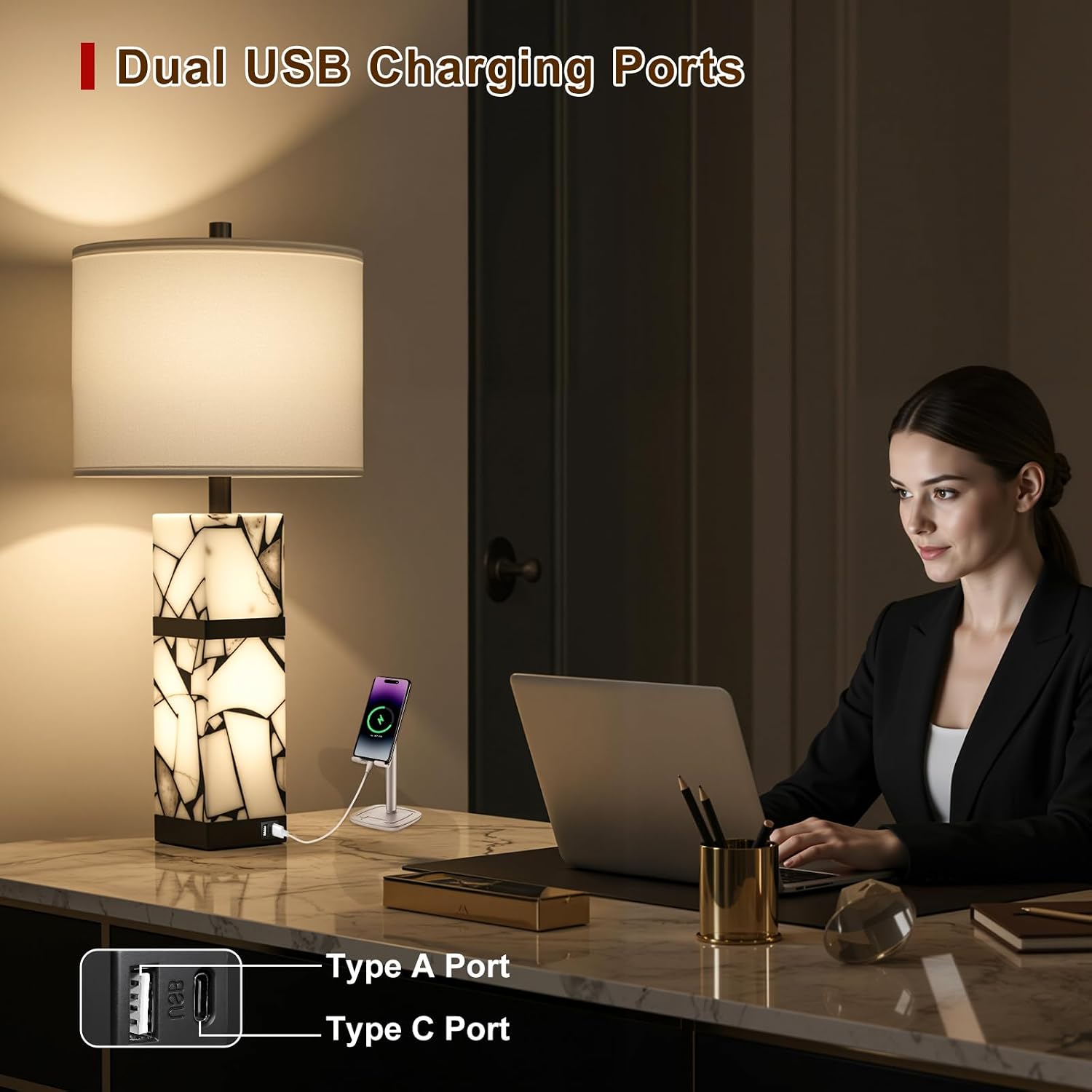 Scenekoy 27' Alabaster Table Lamps Set of 2 with Night Light for Living Room Bedroom, Nightstand Lamps with Linen Shade, Modern Bedroom Lamps with USB A+C Ports for Living Room Office (Bulb Included)