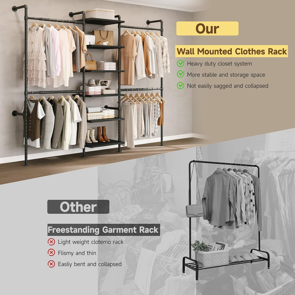 T1 Wall Mounted Closet System, Industrial Pipe Clothing Rack with 6 Wooden Shelves & 4 Telescopic Rods, Heavy Duty Closet Organizers and Storage in Wardrobe Closet (Black)