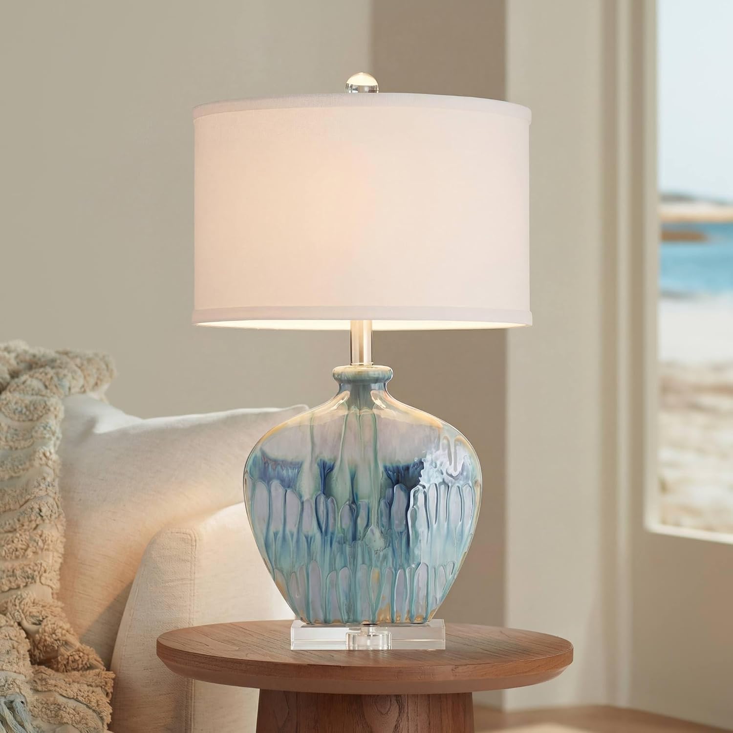 Possini Euro Design Mia 25' High Mid Century Modern Coastal Table Lamp Blue Drip Ceramic Single Off-White Shade Living Room Bedroom Bedside Nightstand House Office Home Kitchen (Colors May Vary)