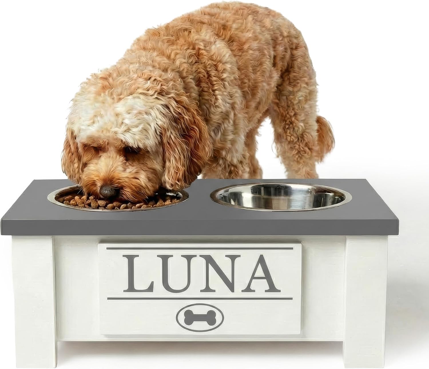 GTW Elevated Dog Bowl Stand for Small Dogs - Customized Feeding Station with Storage & Stainless Steel Food Bowls (Small, Grey)