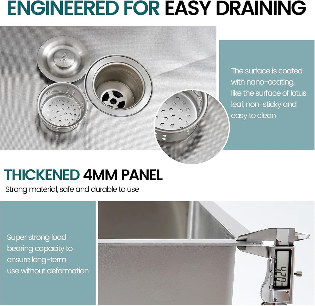 Large Kitchen Sink, With Drain Kits, 304 Stainless Steel, Heavy Duty Kitchen Bar Sink, Single Bowl Sink, For Drop In, Undermount(A,70x50x22cm)