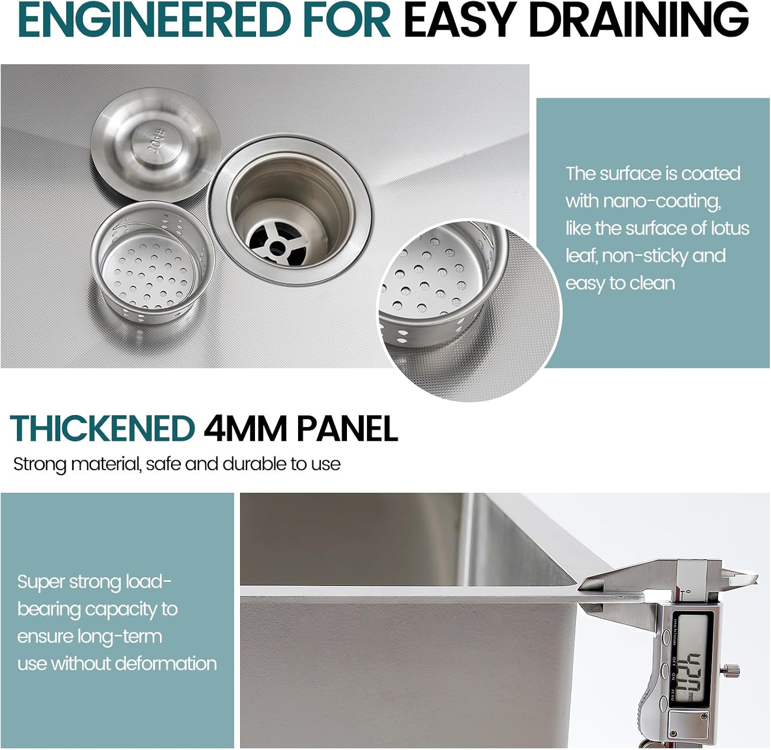 Large Kitchen Sink, With Drain Kits, 304 Stainless Steel, Heavy Duty Kitchen Bar Sink, Single Bowl Sink, For Drop In, Undermount(A,70x50x22cm)