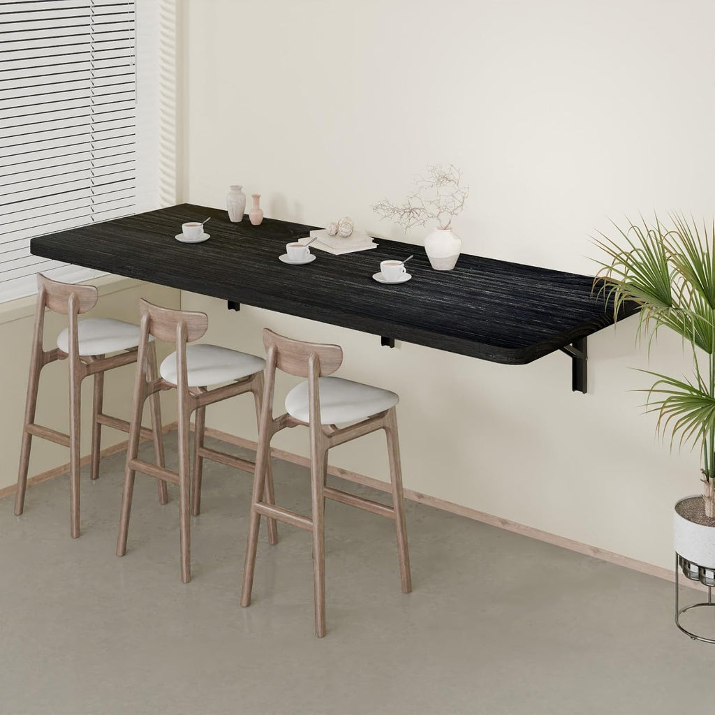 IAE Floating Wall Mounted Folding Table Desk with Pine Wood,55' x 22' Folding Workbench,Fold Down wall Mounted Foldable Table with Shelf Brackets,Laundry Folding Table for Apartment,Home,Kitchen,Black