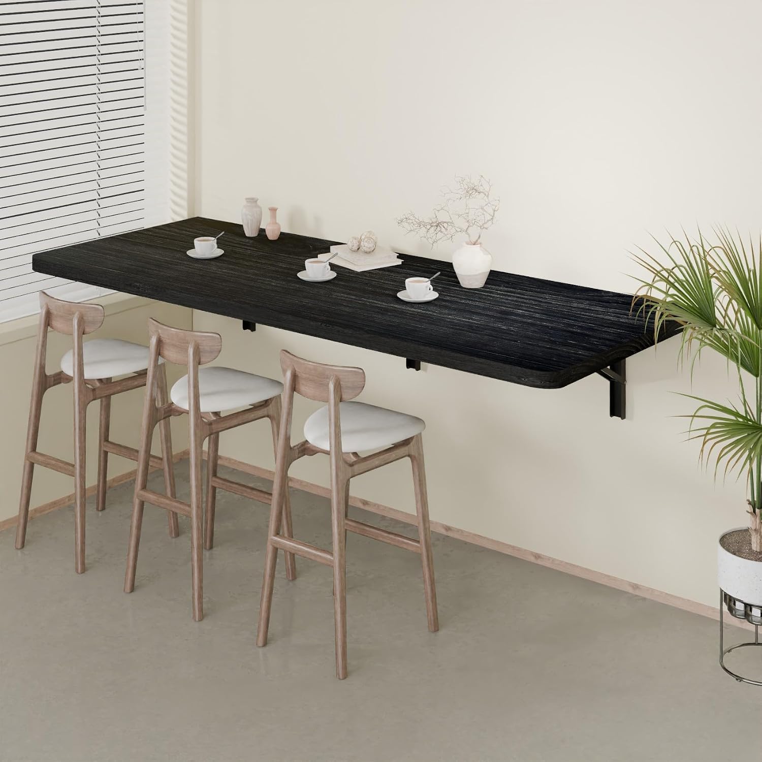 IAE Floating Wall Mounted Folding Table Desk with Pine Wood,55' x 22' Folding Workbench,Fold Down wall Mounted Foldable Table with Shelf Brackets,Laundry Folding Table for Apartment,Home,Kitchen,Black