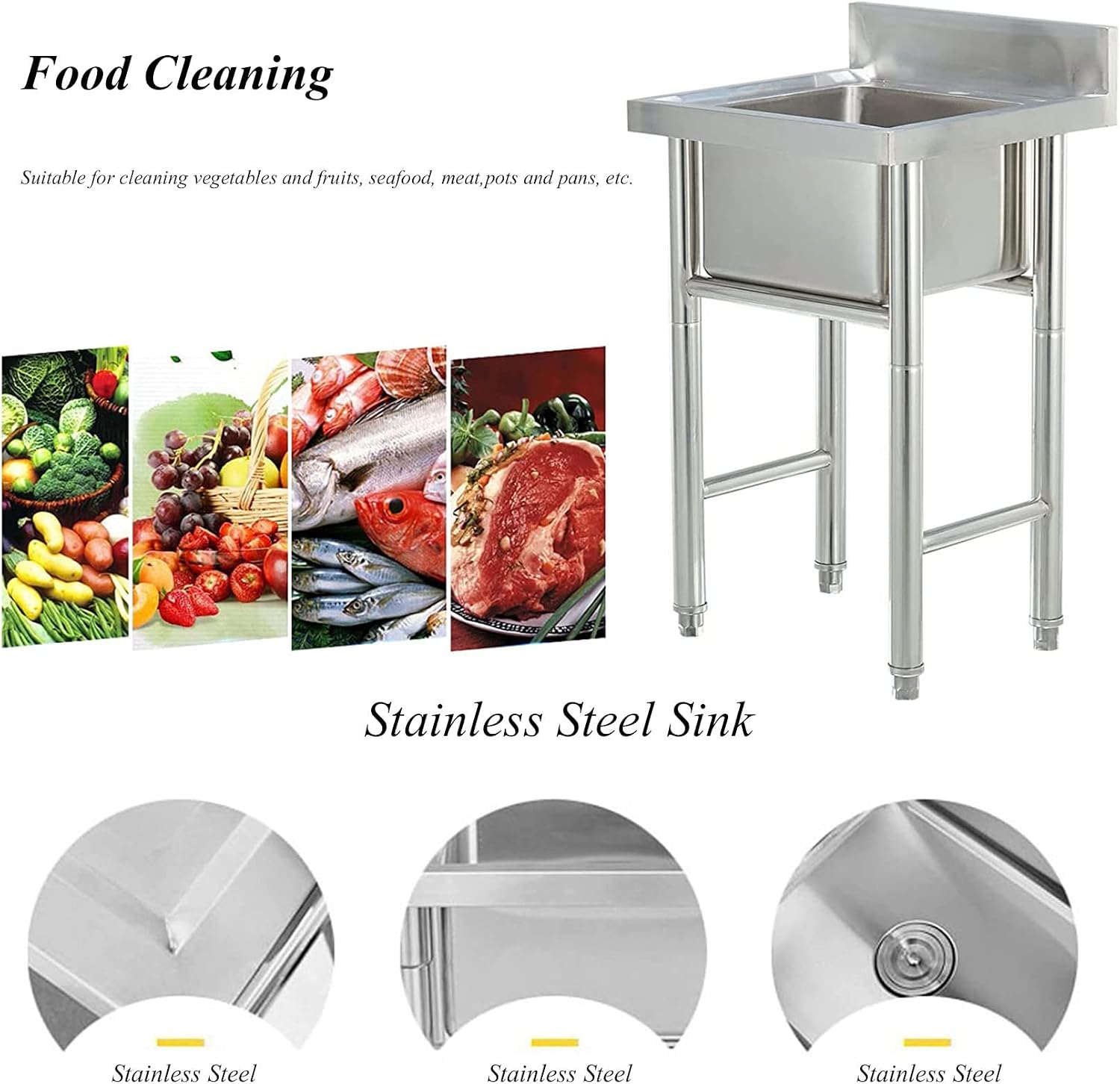 Single Bowl Sink 1 Compartment 304 Stainless Steel Commercial Kitchen Prep Utility Sink Free Standing Sink for Garage, Restaurant, Laundry Room, Indoor Outdoor