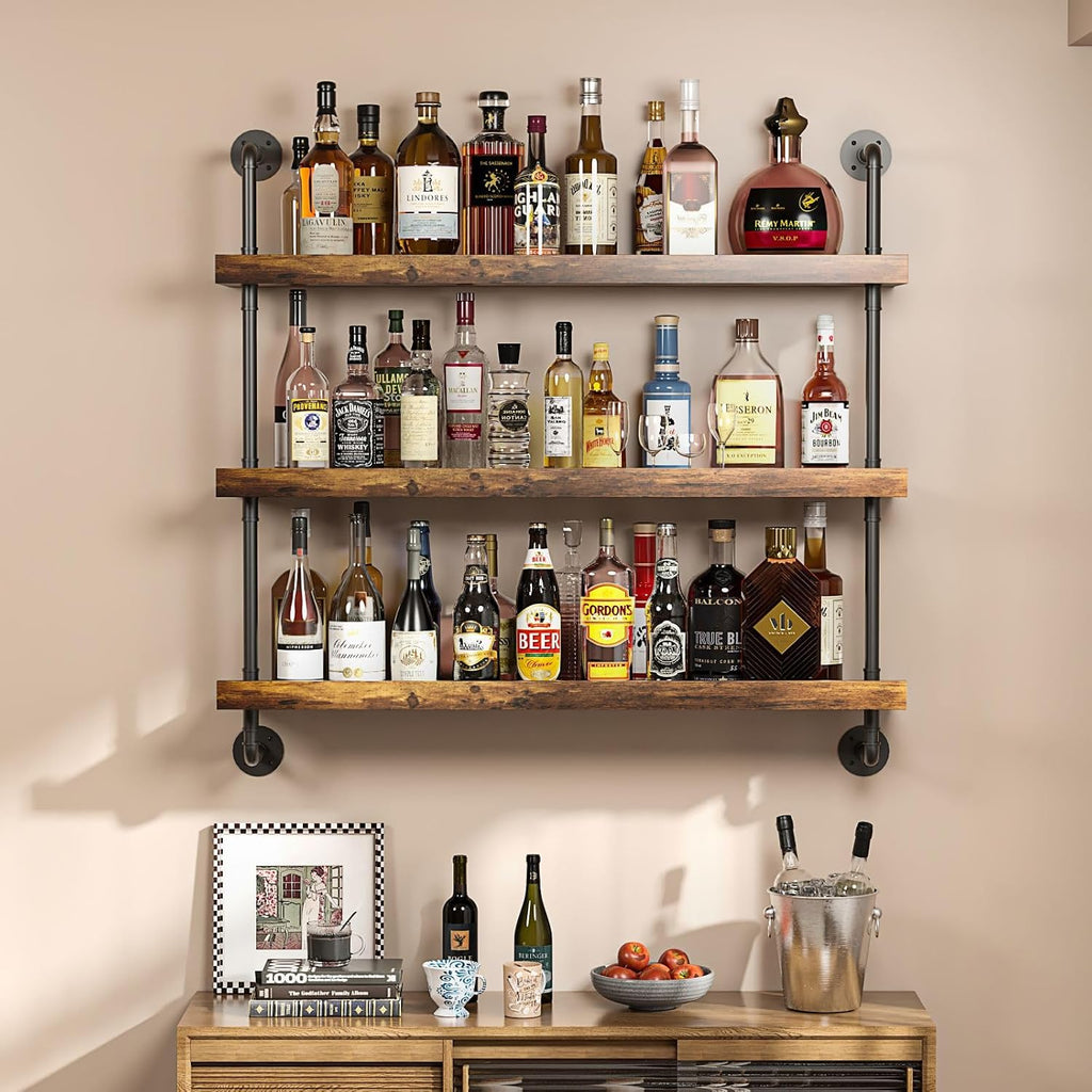 3-Tier Wall Mounted Wine Rack with LED,Liquor Bottles Floating Shelves Display Storage Organizer for Home Bar Dining Room Kitchen (31.5' W x 47.2' H)