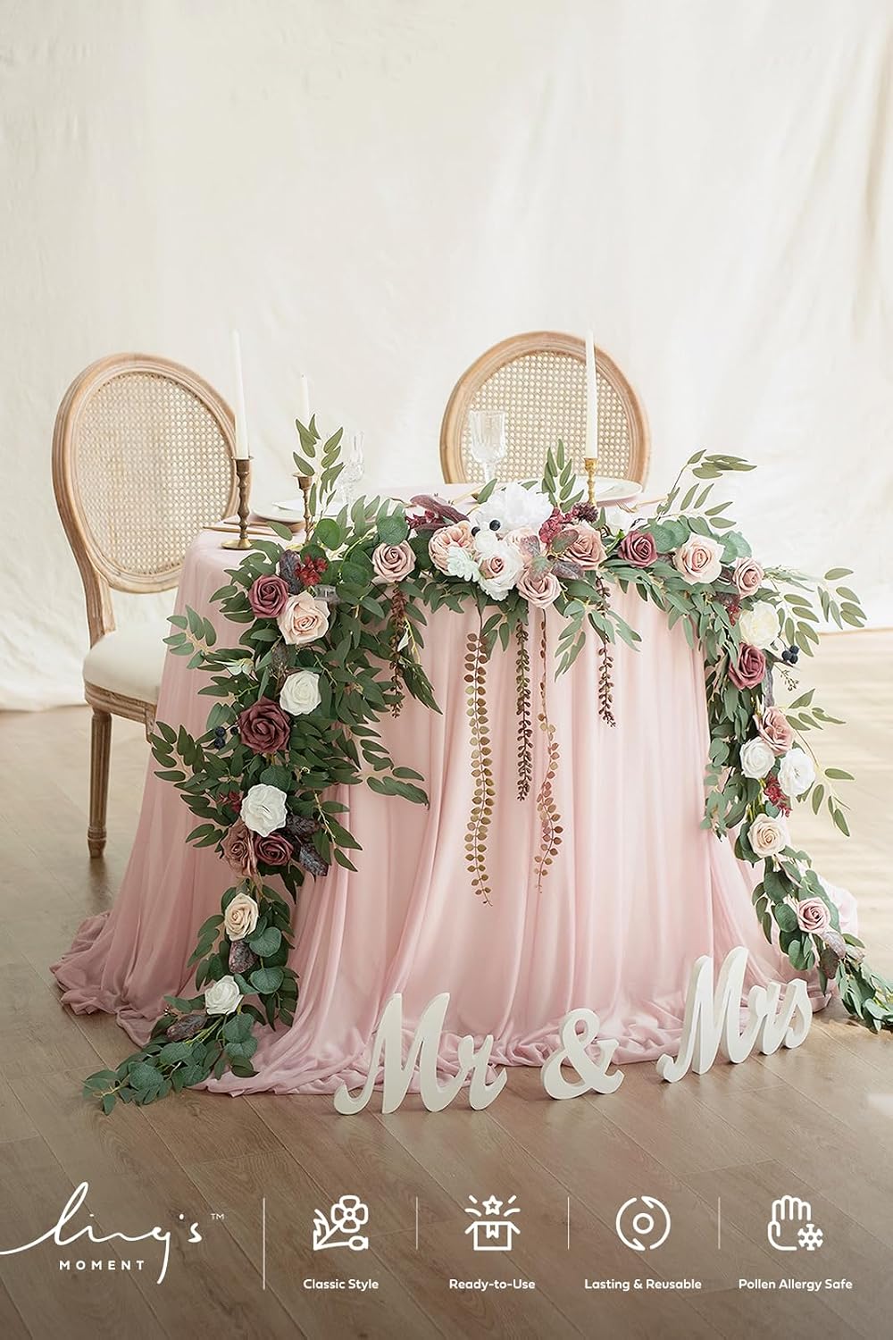 Ling's moment 9FT Eucalyptus and Willow Leaf Garland with White Flower, Handcrafted Wedding Sweetheart Table Centerpieces Head Table Decor Arch Backdrop Decorations for Wedding | Dusty Rose & Mauve