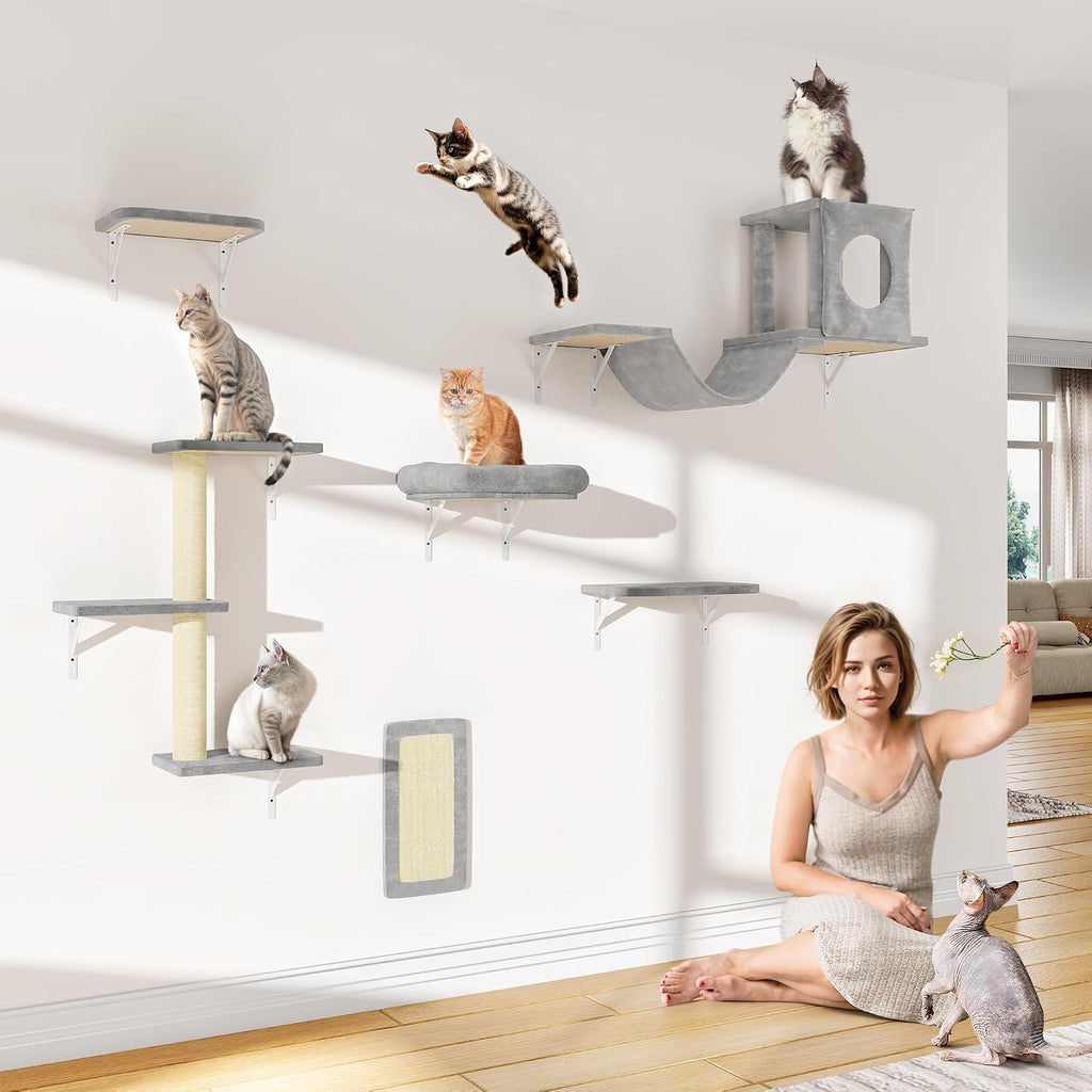 12-in-1 Cat Wall Shelves, Wall Mounted Cat Climber with Condo House, Scratching Post, Bridge Ladder, Space-Saving Indoor Play Furniture for Kittens, Gray
