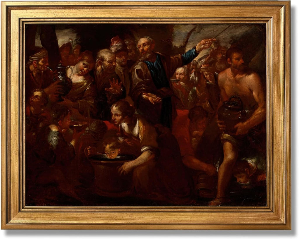 Moses Striking the Rock (1630) Gioacchino Assereto (1600 1649) Classical Religious Wall Art Poster Traditional Christian Renaissance Inspired Decor Canvas Print Living Room 24X36inchGolden frame