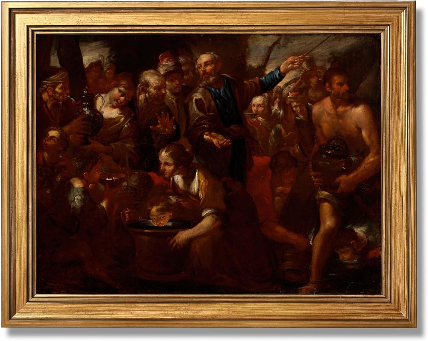 Moses Striking the Rock (1630) Gioacchino Assereto (1600 1649) Classical Religious Wall Art Poster Traditional Christian Renaissance Inspired Decor Canvas Print Living Room 24X36inchGolden frame
