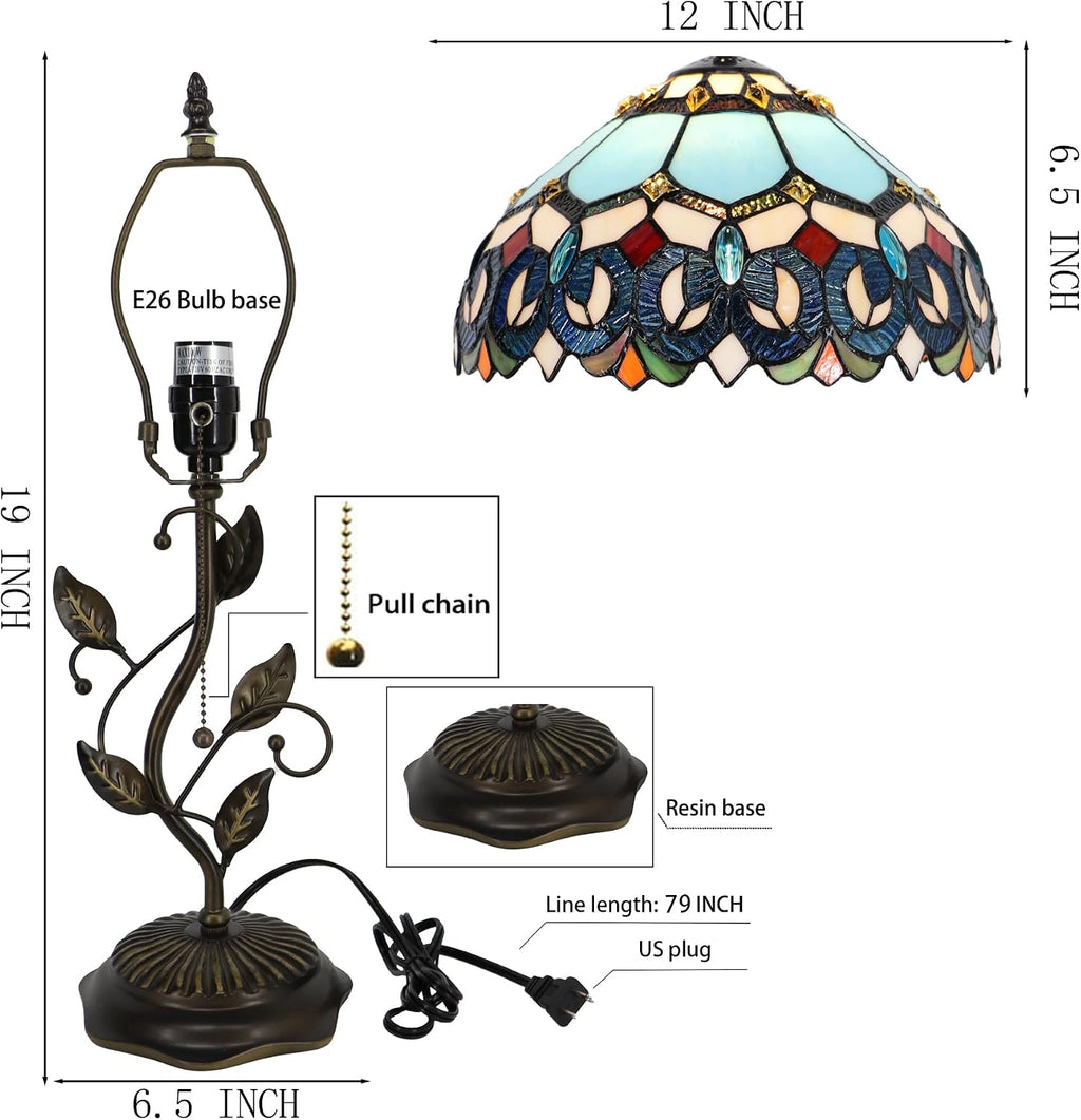 Tiffany Table Lamp, Stained Glass Desk Light, W12H19 Inch, Metal Leaf Base (Sapphire Style)