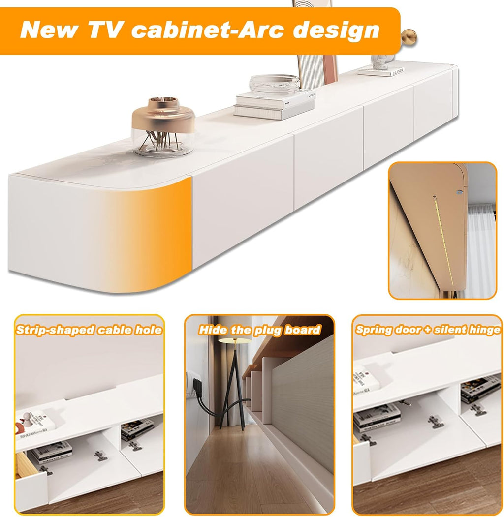 Floating TV Stand - Wall Mounted Media Console with 2 Drawer, Floating Entertainment Center TV Cabinet, Wall Mounted Audio/Video Shelf for Home Room (White+LED, 62.99x7.87x9.45IN)