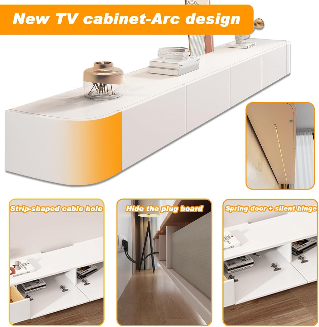 Floating TV Stand - Wall Mounted Media Console with 2 Drawer, Floating Entertainment Center TV Cabinet, Wall Mounted Audio/Video Shelf for Home Room (White+LED, 70.87x7.87x9.45IN)
