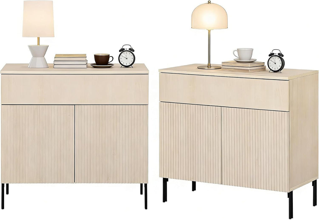 WAMPAT Fluted End Table Set of 2 with 1 Drawer & 1 Storage Cabinet, Modern Sofa Table with 2 Open Door, Wooden Side End Table for Living Room, Nighstand for Bedroom, Beige