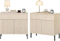 WAMPAT Fluted End Table Set of 2 with 1 Drawer & 1 Storage Cabinet, Modern Sofa Table with 2 Open Door, Wooden Side End Table for Living Room, Nighstand for Bedroom, Beige
