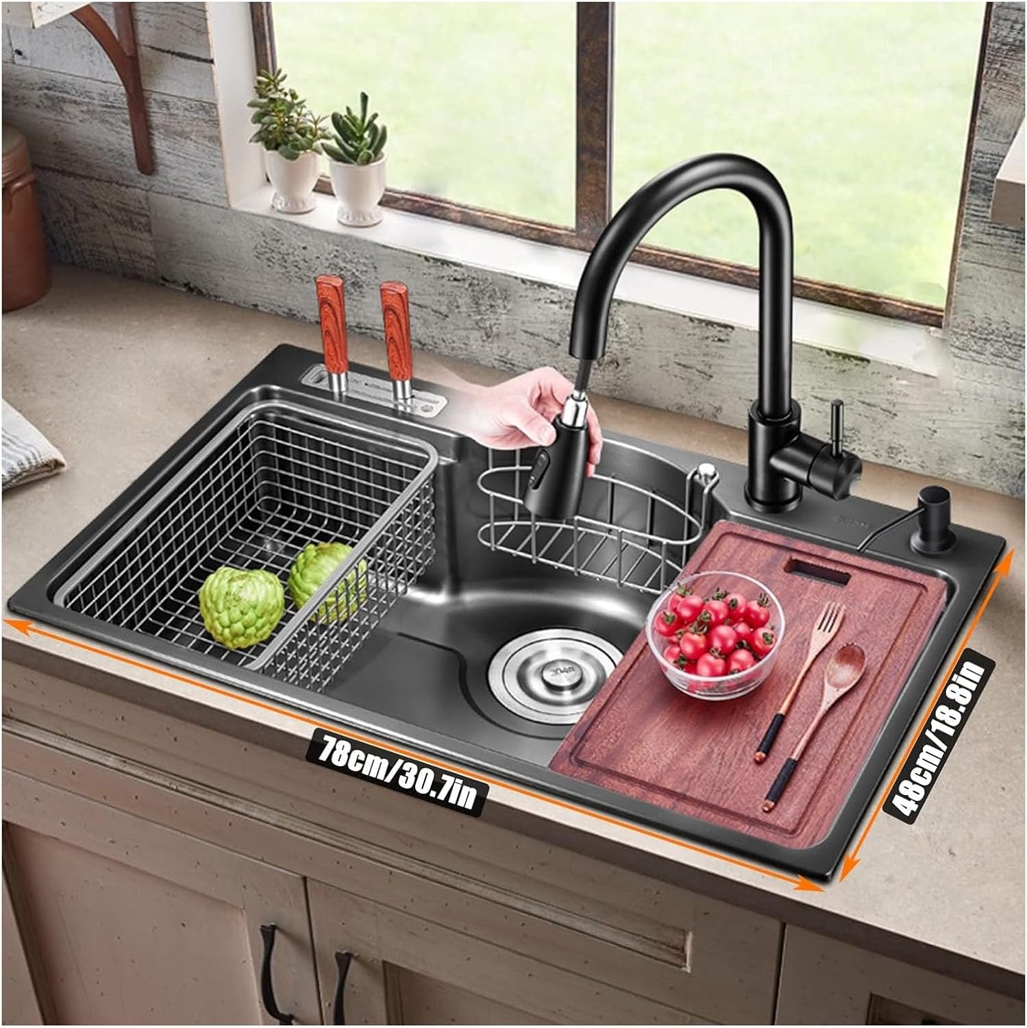 30.7x18.8in Single Bowl Bar Sinks 304 Stainless Steel Kitchen Sink with Pull-Out Faucet & Sink Accessories Drop-in Or Undermount (Color : Black, Size : 78x48x21cm) (Black 78x48x21cm)