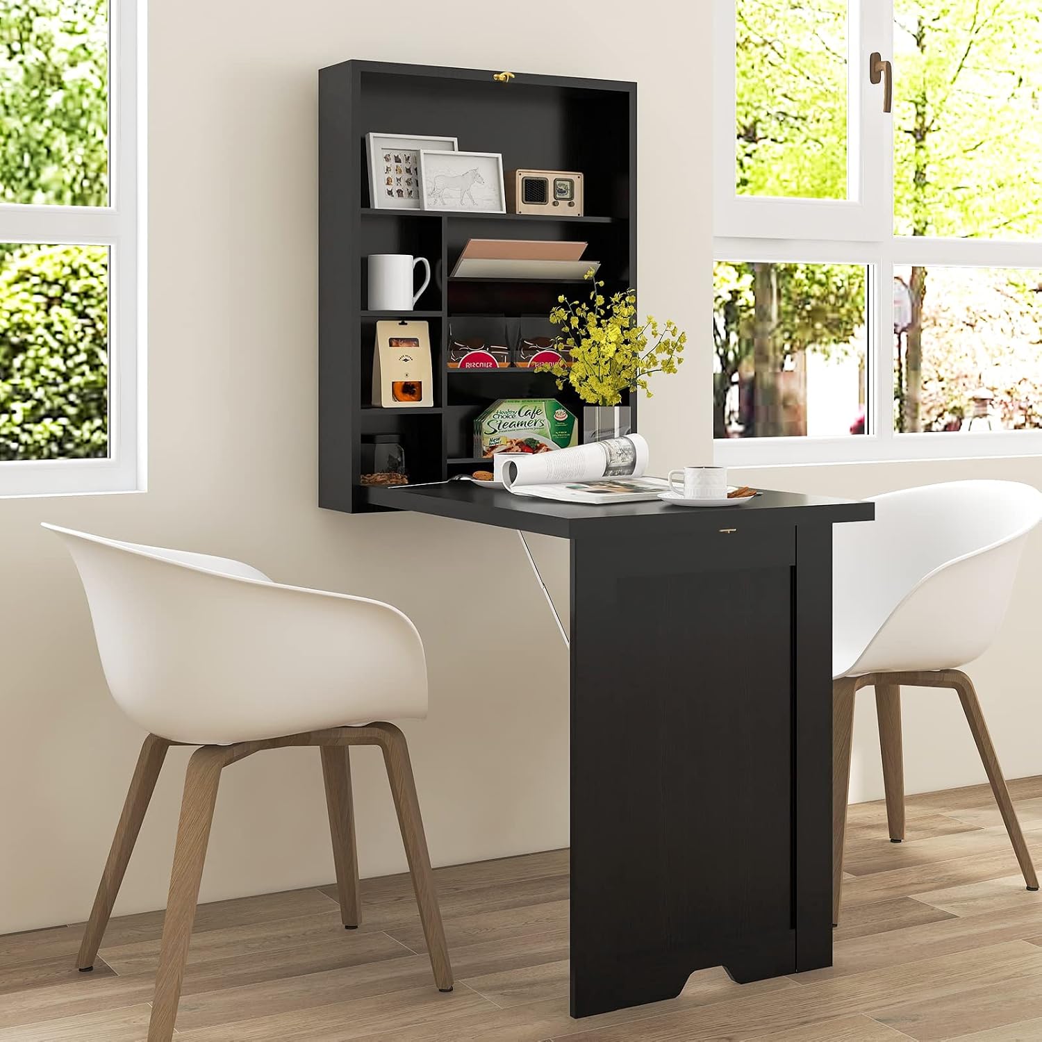 Wall Mounted Desk, Wood Collapsible Floating Desk, Convertible Computer Desk with Storage Area, Hanging Fold Out Table for Home Office, Small Spaces (Black)