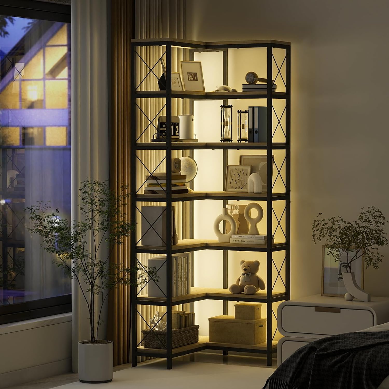 7 Tier Corner Bookshelf with LED Lights, 78.7' High Corner Shelf Storage for Living Room, Study Room, Metal Frame Extra Large Capacity, Flamed Color